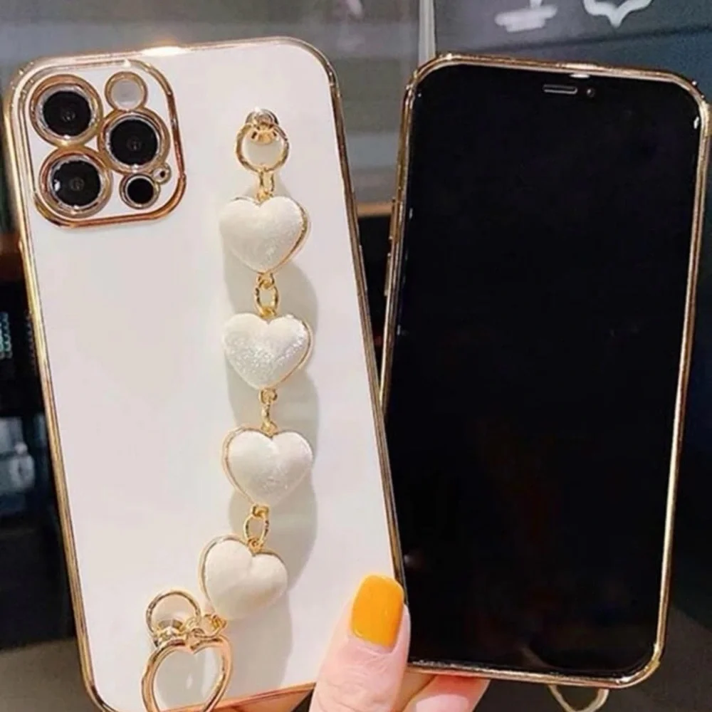 White Heart Charm Phone Case Strap with Gold Accents - Women Accessories